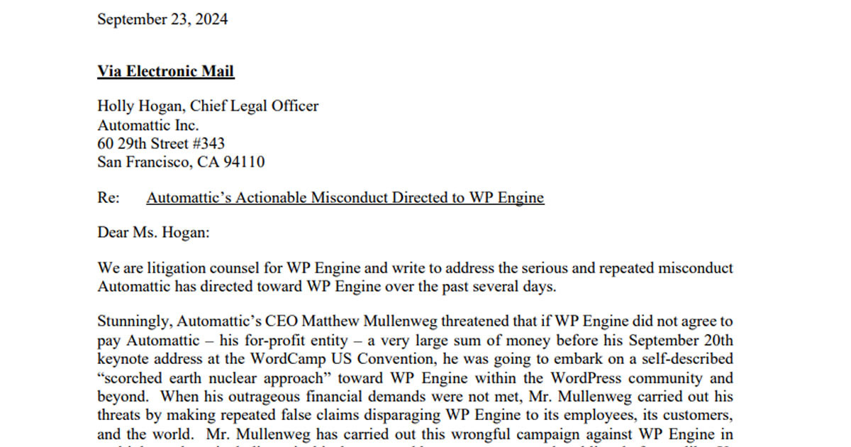 WP Engine Issues Cease-and-Desist to Automattic