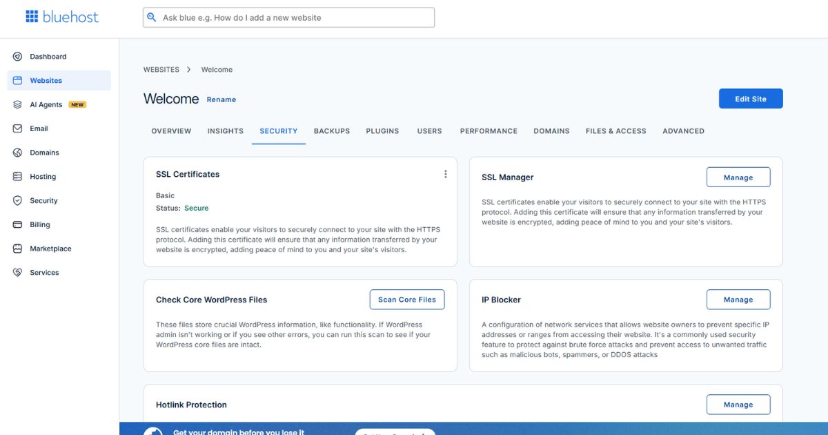 BlueHost Security Features from UI BlueHost Security Features from UI