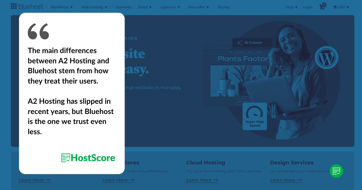 A2 Hosting 與 BlueHost 相比