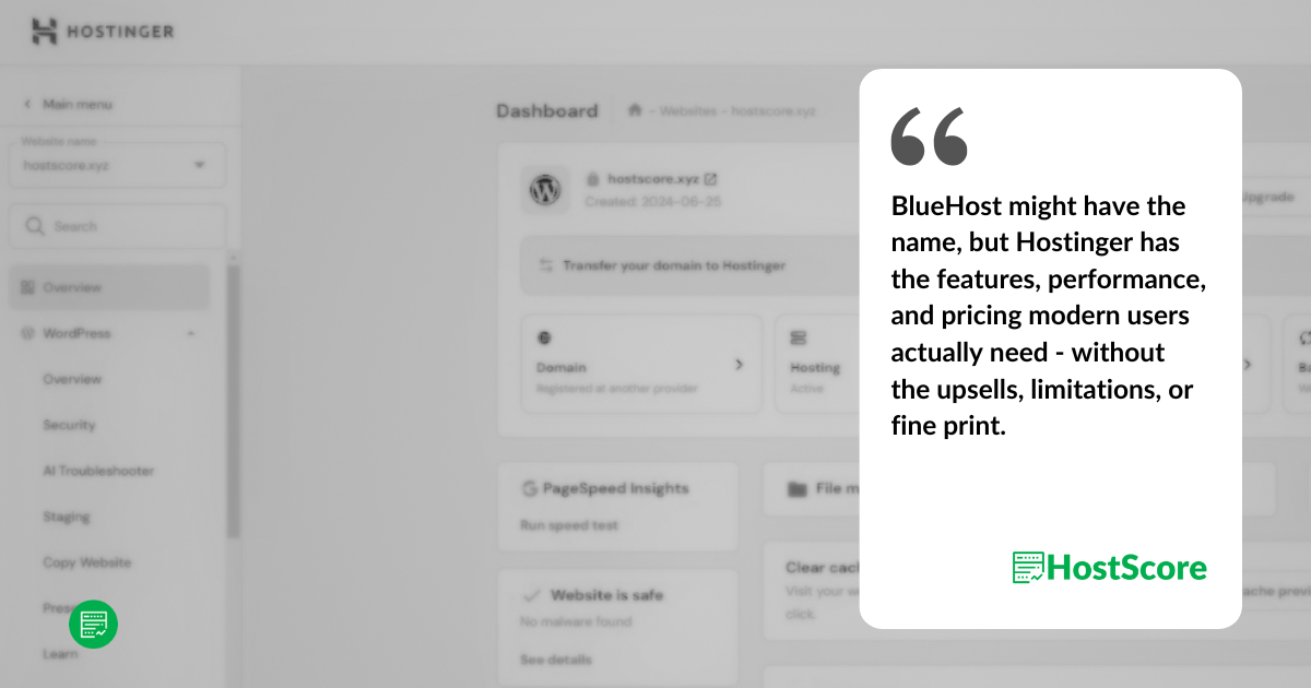 BlueHost might have the name, but Hostinger has the features, performance, and pricing modern users actually need—without the upsells, limitations, or fine print.