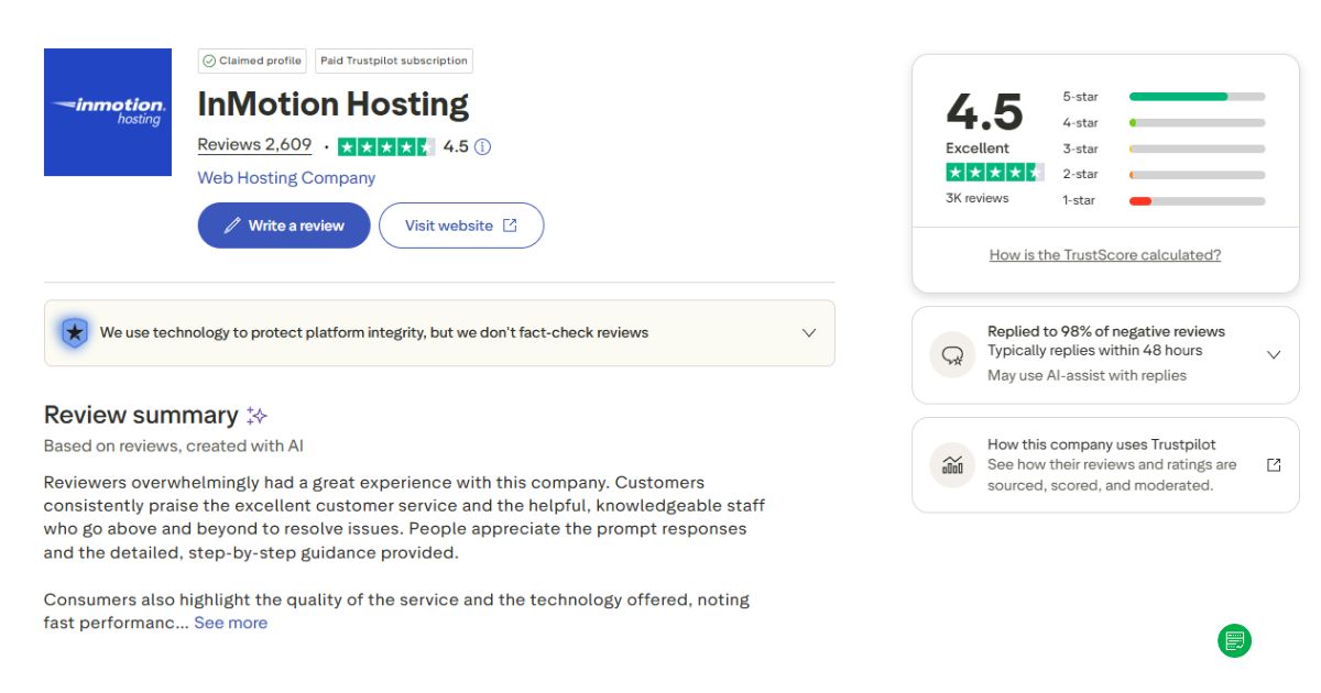 InMotion Hosting Peringkat Trust Pilot