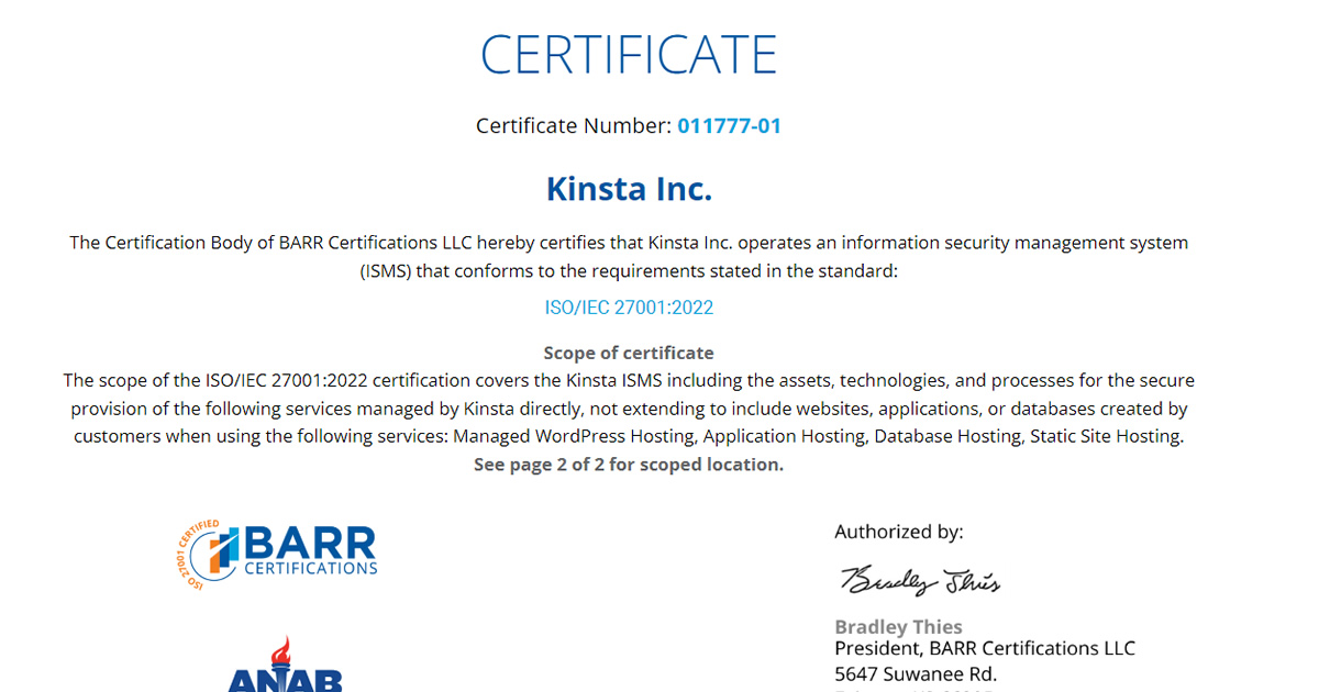 Kinsta Earns ISO 27001 Certification
