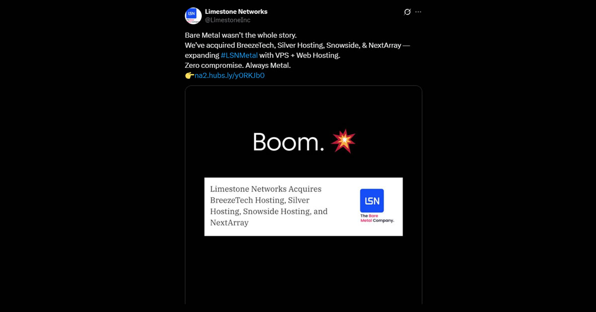 Limestone Network: Bare Metal wasn’t the whole story.
We’ve acquired BreezeTech, Silver Hosting, Snowside, & NextArray